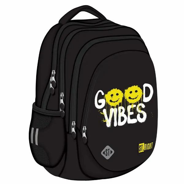 Ghiozdanul STRIGHT BP06 Good Vibes din colectia grafica Positive Attitude este conceput pentru organizare eficienta si purtare confortabila fiind potrivit pentru utilizarea de zi cu ziDispune de multiple solutii practice pentru depozitare elemente pentru siguranta si materiale rezistente inclusiv material impermeabil si baza intarita pentru protectie suplimentaraModel BP06 Backpack 174 compartimente2 buzunare laterale din 