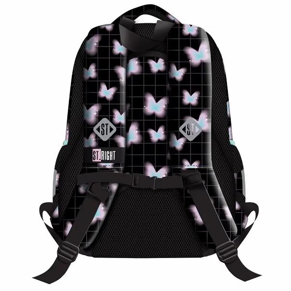 Ghiozdanul STRight BP26 din colectia grafica Pastel Butterfly este un model scolar compact cu 3 compartimente potrivit pentru organizarea zilnica a rechizitelor si a accesoriilorOfera confort la purtare datorita spatelui profilat si bretelelor reglabile iar pentru siguranta include elemente reflectorizante si o baza intarita realizata din material impermeabil3 compartimente2 buzunare laterale elasticeManer pentru agatarea 