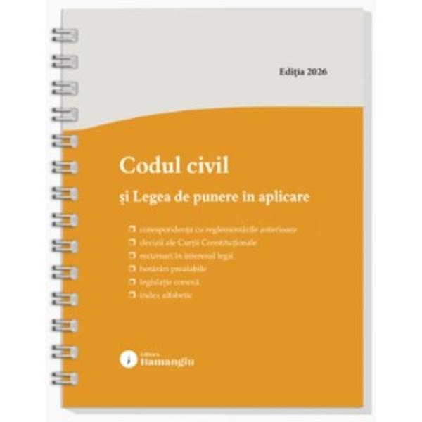 Lucrarea cuprinde Codul civil si Legea de punere in aplicare a acestuia redata in extras&nbsp;Articolele din cod sunt insotite de textele corespondente din reglementarea anterioara Codul civil din 1864 Codul comercial Codul familiei Decretul nr 1671958 si celelalte acte normative al caror continut a fost absorbit in Codul civil redate cu caractere italice si se fac trimiteri la legislatia conexa&nbsp;De asemenea sunt prezentate deciziile Curtii Constitutionale 