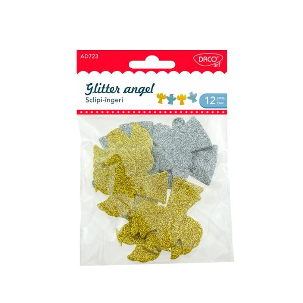 Setul contine 12 bucati de ingeri din spuma autoadeziva care pot fi utilizati pentru realizarea proiectelor de craft sau a decorurilorCuloare auriu si argintiuMaterial spuma glitter autoadezivaDimensiune 9 cm