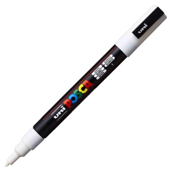 Marker PC-3M Posca 09-13 mm White Markere cu vopsea pe baza de apa Uni Posca in culori luminoase &537;i opace potrivite pentru aproape orice suprafata hartie metal textile plastic si chiar piatraVarful cu un diametru de 09-13 mm este ideal pentru linii medii si precise desen tehnic si efecte de culoare conceput atat pentru profesionisti cat si pentru incepatoriCerneala nu creeaza efectul de &ldquo;sangerare&rdquo; bleeding iar dupa uscare poate fi aplicat 