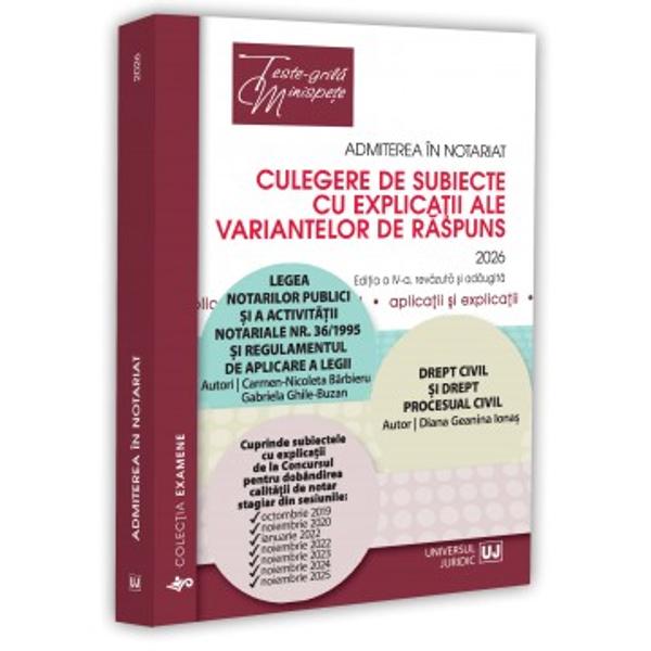 Cuprinsul lucr&259;rii Lucrarea cuprinde subiectele date la concursurile pentru dob&acirc;ndirea calit&259;&539;ii de notar stagiar organizate &icirc;n perioada 2019-2025 variantele corecte de r&259;spuns precum &537;i explica&539;ii detaliate formulate pentru fiecare variant&259; de r&259;spuns&nbsp;Puncte forte La elaborarea r&259;spunsurilor au fost avute &icirc;n vedere legisla&539;ia relevant&259; &icirc;n materie modific&259;rile legislative 