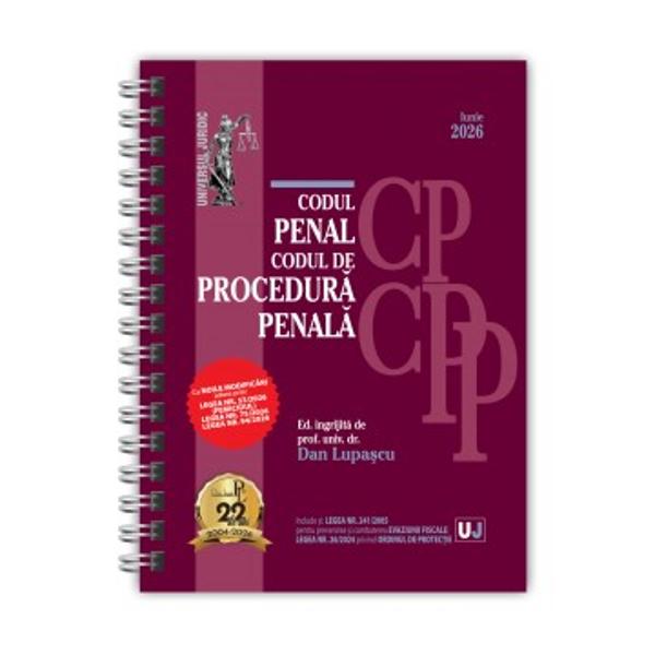 CODUL PENAL SI CODUL DE PROCEDURA PENALA IUNIE 2026EDITIE SPIRALATALEGISLATIE CONSOLIDATA SI INDEX&nbsp;Cu NOILE MODIFICARI aduse prinLEGEA NR 532026 FEMICIDULLEGEA NR 752026LEGEA NR 942026&nbsp;Include siLEGEA NR 2412005 pentru prevenirea si combaterea EVAZIUNII FISCALELEGEA NR 262024 privind ORDINUL DE PROTECTIE&nbsp;Lucrarea Codul penal si Codul de procedura penala 