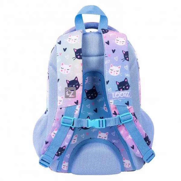 Ghiozdanul Looz Premium este conceput pentru a oferi confort si functionalitate elevilor combinand un design atractiv cu elemente ergonomice Modelul Happy Cats se remarca prin imprimeul colorat cu pisici si inimioare si este realizat din material rezistent impermeabilCaracteristici principaleDesign ergonomic&nbsp;Panoul dorsal profilat si sistemul de ventilatie contribuie la confortul spatelui iar bretelele late si moi reduc presiunea asupra 