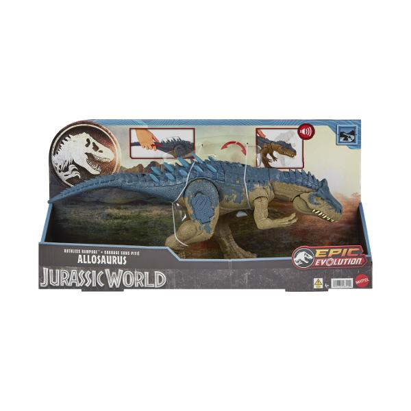 Acest Allosaurus Rampagin&39 nemilos este o evolutie epica a figurinelor Jurassic World Este un dinozaur evoluat si pregatit de aventura Un buton de pe coada ridica in mod spectaculos tepusele de pe spate si coada creand o imagine impresionanta Rotita de pe spatele acestui dinozaur activeaza o miscare continua si realista simbolizand atacuri feroce cu muscaturi si ragete puternice Allosaurus are tepi pe spate si pe coada care cresc in marime si ferocitate atunci cand butonul este 