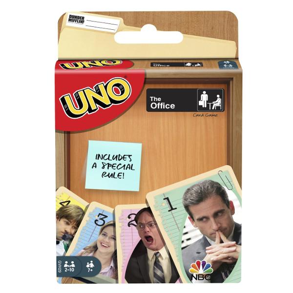 Jocul de carti UNO The Office aduce regulile clasice UNO intr-o editie speciala inspirata de universul The Office Jucatorii trebuie sa potriveasca rapid cartile dupa culoare sau numar sa foloseasca strategic cartile speciale si sa scape primii de toate cartile din mana Editia include ilustratii tematice din The Office si o regula speciala care adauga mai mult umor si suspans fiecarei runde Jocul este potrivit pentru 2-10 jucatori si este recomandat copiilor cu varsta de peste 7 ani fiind 