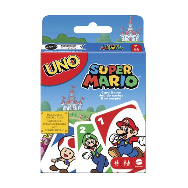 Joc De Carti UNO Super Mario aduce distractia jocului clasic UNO intr-o editie tematica inspirata din universul Super Mario Cartile sunt decorate cu personaje indragite si imagini colorate iar regulile sunt usor de invatat jucatorii potrivesc cartile dupa culoare sau numar si folosesc cartile speciale pentru a schimba cursul jocului Editia include si o regula speciala care adauga mai multa actiune si face fiecare runda mai dinamica Jocul este potrivit pentru seri in familie petreceri 