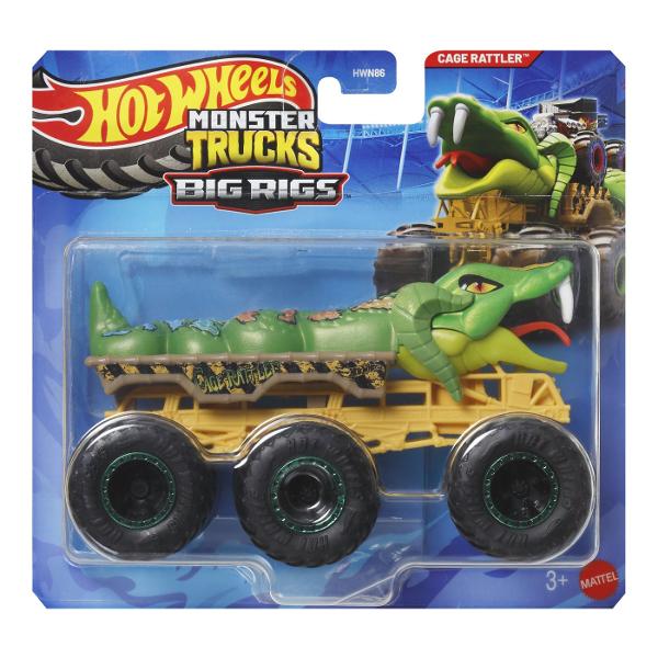 Fiecare camion turnat sub presiune surprinde cu stilul si personalitatea unui personaj sau a unei creaturi populare Monster Truck la scara 164 Porneste in aventuri cu camioanele Hot Wheels Monster Trucks Big Rigs Fiecare vehicul la scara 164 transmite personalitatea popularelor creaturi Monster Truck cu decalcomanii atragatoare pe care fanii le adora Copiii pot transporta vehicule suplimentare la scara 164 pe platforma sau cu carligul de remorcare de pe Big Rig  Acest pachet contine 