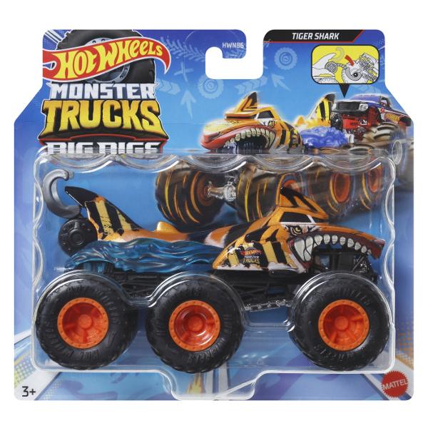 Fiecare camion turnat sub presiune surprinde cu stilul si personalitatea unui personaj sau a unei creaturi populare Monster Truck la scara 164 Porneste in aventuri cu camioanele Hot Wheels Monster Trucks Big Rigs Fiecare vehicul la scara 164 transmite personalitatea popularelor creaturi Monster Truck cu decalcomanii atragatoare pe care fanii le adora Copiii pot transporta vehicule suplimentare la scara 164 pe platforma sau cu carligul de remorcare de pe Big Rig Acest pachet contine 