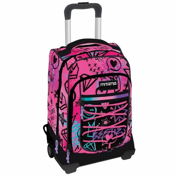 Ghiozdan troller M-Power RockNLove 34 L 35 x 27 x 51 cm Ghiozdanul troller M-Power  RockNLove este conceput pentru transport usor si organizare eficienta avand o structura super rezistenta si roti din cauciuc Designul original cu benzi elastice colorate il face usor de remarcatBretelele sunt retractabile Fast & Go si pot fi depozitate rapid intr-un buzunar dedicat atunci cand nu doresti sa le folosesti Compartimentul principal incapator si buzunarele 