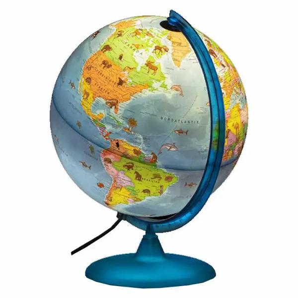 Glob pamantesc luminos cu harta politica actualizata imbogatita cu ilustratii care reprezinta animale plante si monumente importante din intreaga lumeUn instrument educativ si atractiv potrivit pentru copii care ajuta la descoperirea geografiei intr-un mod vizual si placut