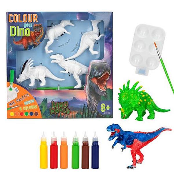 Coloreaz&259;-&539;i dinozaurul Cele patru figurine dinozaur albe T-rex Gigantosaurus Styracosaurus Parasaurolophus realizate din plastic u&537;or flexibil pot fi f&259;cute &537;i mai interesante cu vopselele acrilice maro portocaliu verde ro&537;u galben albastru incluse &icirc;n set Include o pensul&259; fin&259; o palet&259; de culori cu &537;ase matri&539;e &537;i instruc&539;iuni ilustrate Distrac&539;ie creativ&259; cu care s&259; te joci ulterior