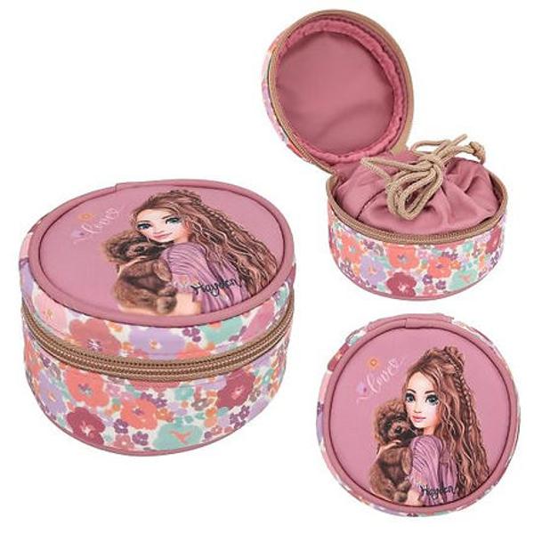 Fantastic de floral Cutia rotunda de bijuterii din noua linie de design TOPModel are un model elegant cu un cine super dragut pe partea din fata de culoarea roz Partea inferioara este confectionata din tesatura catifelata asortata la culoare cu matlasare cu diamante la moda Se inchide cu fermoar la exterior si cu cordon in interior Material 100 poliester