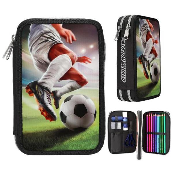 O lovitur&259; direct&259; penarul gri &icirc;nchis de la Action World are un motiv mare cu fotbal pe fa&539;&259; Cele dou&259; compartimente separate cu fermoar sunt complet umplute cu 18 creioane colorate 2 creioane o radier&259; foarfece o rigl&259; o ascu&539;itoare &537;i un lipici stick Material principal 100 poliester