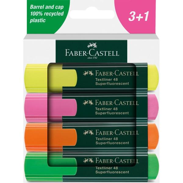 Set de 4 textmarkere 1548 Faber Castell Varf tesit 3 grosimi de scriere 1mm 2 mm 5mm Cerneala pe baza de apa Uscare rapida&nbsp;