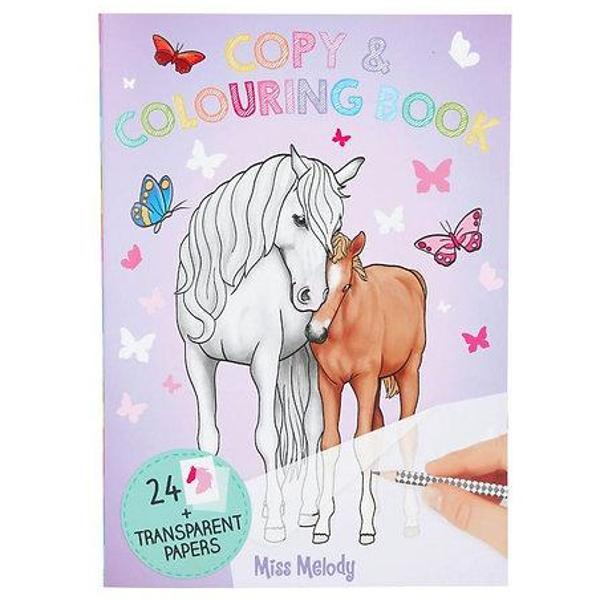 Cu cartea de colorat Miss Melody copiii pot invata sa deseneze sa copieze diferite motive si sa-si lase creativitatea sa scapePe cele 24 de pagini exista diferite motive de cai care pot fi usor turnate si pictate ulterior Cartea de creatie cu preprinturi colorate include o coala de hartie transparenta pentru urmarire usoara Brosura de colorat de inalta calitate are si un carton robust ca baza practica la desen