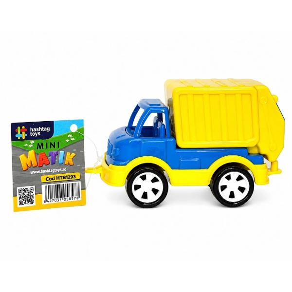 Masina de gunoi Mini Matik este o jucarie colorata si atractiva perfecta pentru copiii pasionati de vehicule speciale Designul realist si dimensiunea compacta transforma fiecare joaca intr-o experienta distractiva ajutand copilul sa descopere rolul utilajelor de salubrizare Fabricata din plastic rezistent si sigur masinuta este usor de manevrat si potrivita pentru joaca acasa in curte sau in nisip Caracteristici tip masina de gunoi culoare albastru si galben dimensiuni 65 