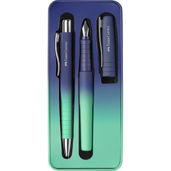 Set cadou ce contine un stilou si un pix Poly Faber-Castell gama Flow Forma ergonomica triunghiulara Grip placut la atingere cu textura anti-alunecare Clip rezistent varf si buton din metal Rezerva de mare capacitate XB albastra Corp si componente din plastic reciclat Varf stilou tip M Penita din otel inoxidabil Culoare albastru-turcoaz cu efect gradient