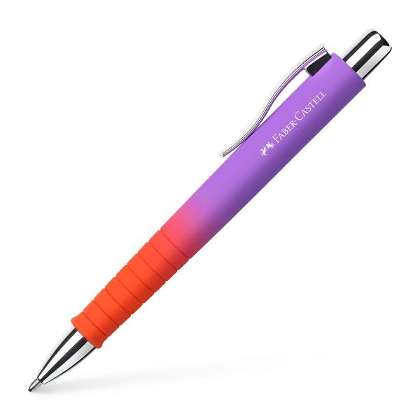Pix cu mecanism Polly Ball XB gama Flow de la Faber-Castell Culoare violet-portocaliu cu efect gradient Forma ergonomica triunghiulara Grip placut la atingere cu textura anti-alunecare Clip rezistent varf si buton din metal Rezerva de mare capacitate XB albastra