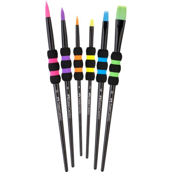 Set de 6 pensule Faber-Castell in marimi diferite 2  4  6  8  10  12 Pensule rotunde si late Peri sintetici robusti si moi Zona de prindere cu spuma captusita pentru un grip confortabil in timpul picturii Acoperire buna a culorii