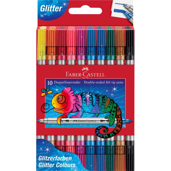 Set de 10 carioci cu 2 capete cu efect de sclipici Faber-Castell Varf subtire pentru linii fine si varf gros pentru acoperire completa Cerneala pe baza de apa Se spala din majoritatea tesaturilor