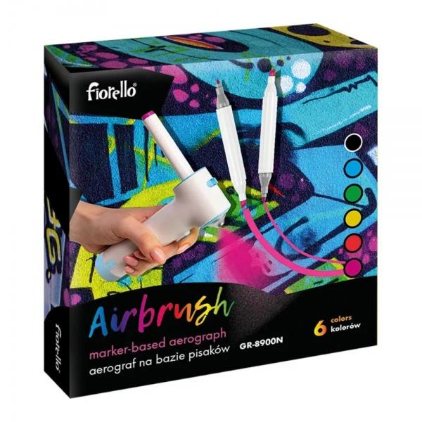 Setul Fiorello GR-8900N  170-2788 &ndash; Markere spray vopsea  aerograf&nbsp;este un kit creativ care combin&259; func&539;ionalitatea unui aerograf cu u&537;urin&539;a utiliz&259;rii markerelor colorate Cu ajutorul aerografului markerul introdus &icirc;n duz&259; poate pulveriza culoarea sub form&259; de spray permi&539;&acirc;nd realizarea unor efecte artistice atractive Setul con&539;ine&nbsp;6 markere colorate cu v&acirc;rf 