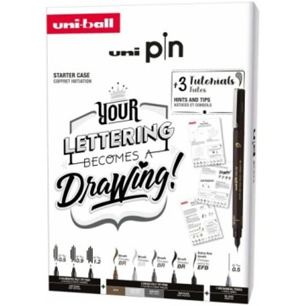 Liner set cadou LETTERING 3 liner&nbsp; UNI PIN-200 5 liner Brush cr mec05mm 3 sabloane carton