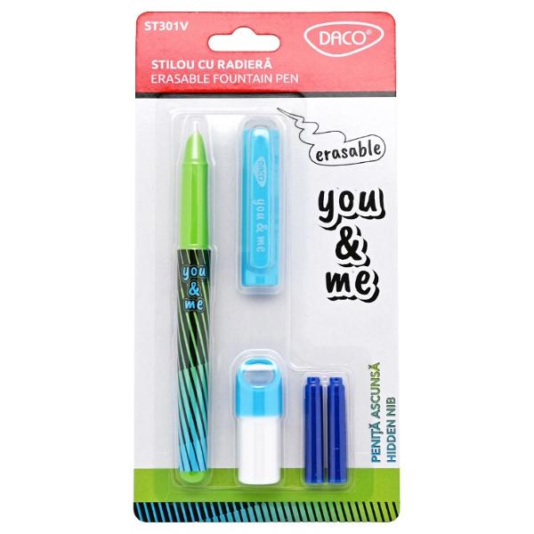 Scrie f&259;r&259; grija gre&537;elilor cu&nbsp;stiloul cu radier&259; DACO You & Me ST301V un instrument de scris modern creat pentru elevi studen&539;i &537;i utilizarea de zi cu zi Datorit&259;&nbsp;cernelii albastre termosensibile textul poate fi &537;ters rapid prin frecare cu radiera integrat&259; &icirc;n capac f&259;r&259; a deteriora 