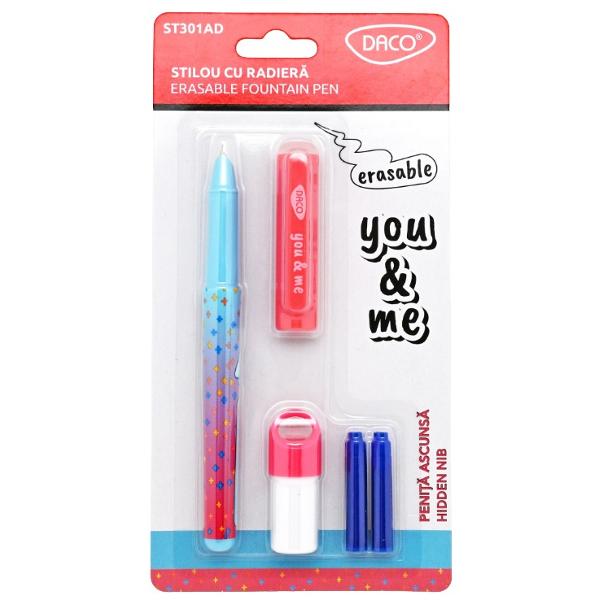 Scrie f&259;r&259; grija gre&537;elilor cu&nbsp;stiloul cu radier&259; DACO You & Me ST301AD Prev&259;zut cu&nbsp;cerneal&259; albastr&259; termosensibil&259; acesta permite &537;tergerea rapid&259; a textului prin frecare folosind radiera special&259; inclus&259; Este alegerea ideal&259; pentru elevi studen&539;i &537;i pentru oricine 