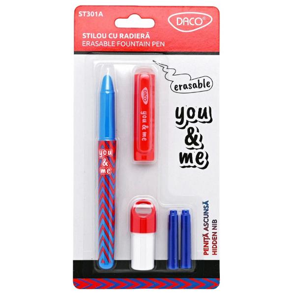 Scrie f&259;r&259; grija gre&537;elilor cu stiloul cu radier&259; DACO You & Me ST301A un instrument de scris modern ideal pentru elevi studen&539;i &537;i utilizarea zilnic&259; Datorit&259; cernelii albastre termosensibile textul poate fi &537;ters rapid prin frecare cu radiera integrat&259; &icirc;n capac f&259;r&259; a deteriora h&acirc;rtia Astfel po&539;i corecta instantaneu orice gre&537;eal&259; &537;i continua s&259; scrii curat &537;i 