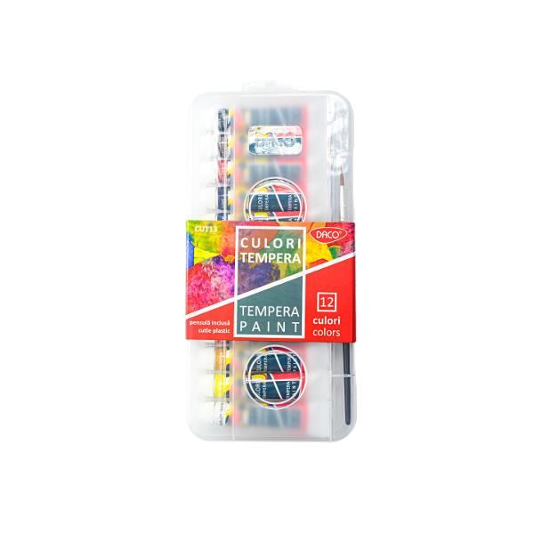 Descoper&259; setul de culori tempera DACO CU113 ideal pentru desen pictur&259; &537;i activit&259;&539;i creative la &537;coal&259; sau acas&259; Setul con&539;ine 12 culori tempera intense ambalate individual &icirc;n tuburi de 12 ml &icirc;ntr-o cutie practic&259; din plastic u&537;or de depozitat &537;i transportatCulorile au nuan&539;e vii &537;i sunt potrivite pentru numeroase proiecte artistice activit&259;&539;i &537;colare &537;i lucr&259;ri de 