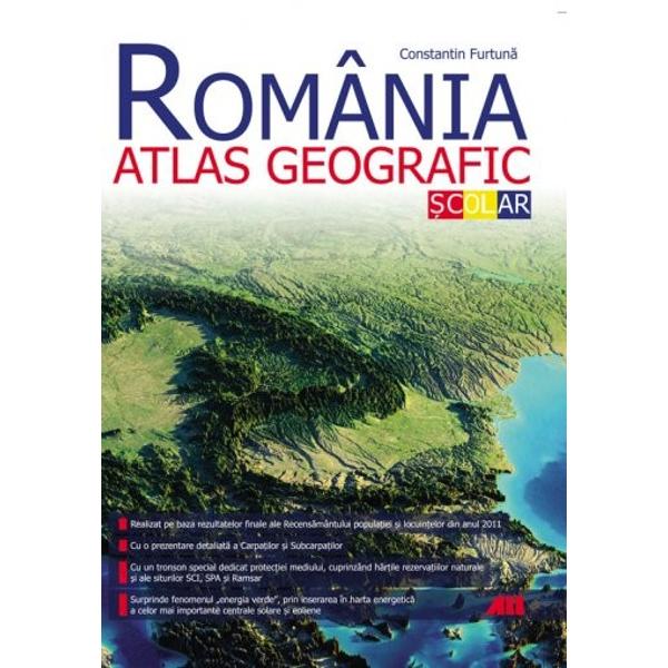 România Atlas geografic &537;colar este instrumentul ideal pentru studiul geografiei &539;&259;rii noastre H&259;r&539;ile digitale clare &537;i u&537;or de folosit sunt înso&539;ite de informa&539;ii de ultim&259; or&259; atent verificate Atlasul cuprinde- Date desprinse din rezultatele celui mai recent recens&259;mânt al popula&539;iei &537;i locuin&539;elor- O prezentare 