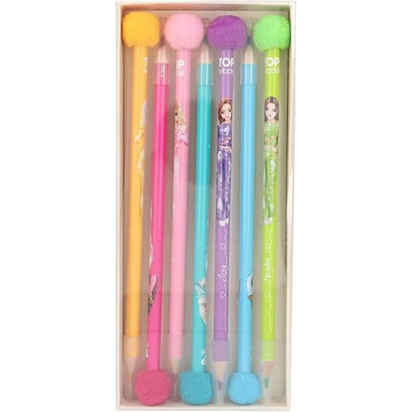 Aici fiecare creion are un accesoriu culminant cu pompon Si fiecare culoare are un imprimeu de model diferit galben cu Candy roz cu Talita roz cu Christy turcoaz cu June violet cu Lexy albastru cu Malia si verde cu Hayden