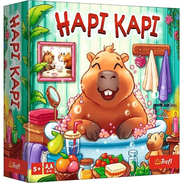 Hapi Kapi este un joc de societate vesel in care fiecare jucator trebuie sa aiba grija de propria capibara oferindu-i mancare ingrijire distractie si companie Jucatorii deplaseaza pionul capibara pe tabla de joc colecteaza jetoane si le schimba pentru carti de ingrijire Castiga primul jucator care aduna 4 carti diferite cate una din fiecare categorie Jocul incurajeaza gandirea strategica capacitatea de analiza si intelegerea emotiilor oferind o activitate placuta pentru intreaga 