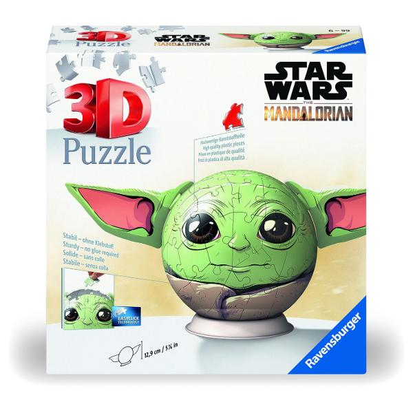 Creeaza constructii 3D unice cu puzzle&8209;urile 3D de la Ravensburger Descopera modul tridimensional de asamblare a puzzle&8209;urilor realizate din material plastic rigid care permite stabilitatea constructiei fara a folosi lipici Obiectele asamblate nu se desprind iar piesele se imbina ferm intre ele Materialul folosit pentru producerea elementelor este usor de curatat  este suficient sa folosesti o carpa umeda Globul Star Wars Grogu este ideal pentru fanii acestui personaj Sfera cu 