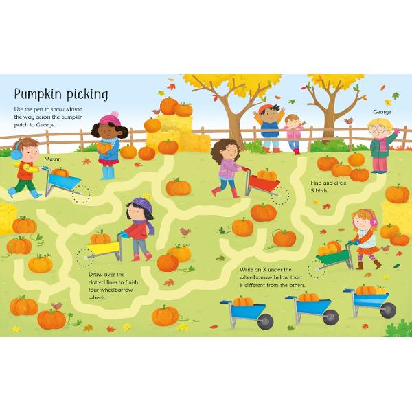 Young children need plenty of practice in pen control - an essential skill they must learn before starting to form letters and numbers This book is full of autumn-themed activities encouraging children to join the dots spot differences solve mazes and trace the dotted lines with the special pen provided then wipe clean and repeat