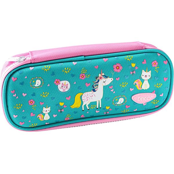 Penarul 1 Compartiment Borset&259; DACO PE714T&nbsp;este alegerea perfect&259; pentru copiii care iubesc universul magic al unicornilor &537;i accesoriile &537;colare colorate Cu un design vesel &icirc;n nuan&539;e de&nbsp;turcoaz &537;i roz decorat cu un unicorn pisicu&539;e flori &537;i inimioare acest penar 