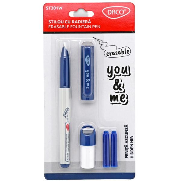 Scrie f&259;r&259; grija gre&537;elilor cu&nbsp;stiloul cu radier&259; DACO You & Me ST301W Prev&259;zut cu&nbsp;cerneal&259; albastr&259; termosensibil&259; acesta permite &537;tergerea rapid&259; a textului prin frecare folosind radiera integrat&259; &icirc;n capac Este alegerea ideal&259; pentru elevi studen&539;i &537;i pentru oricine 