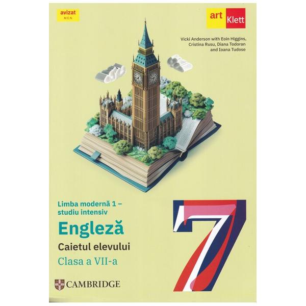 This material is in accordance with the 2017 Romanian Curriculum for the subject Modern Language 1 Grades 5-8 approved by ministerial decree No 33932017 Programa &351;colar&259; pentru disciplina Limba modern&259; 1 Clasele a V-a- a Vlll-a aprobat&259; prin ordin al ministrului Nr 33932017Aceast&259; lucrare &icirc;nso&355;e&351;te manualul editurii Art Klett Limba modern&259; 1 - studiu intensiv Englez&259; Clasa a Vll-a realizat &icirc;n coeditare cu 
