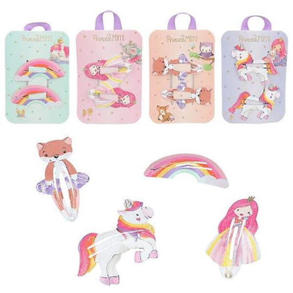 Pentru coafuri consistente si dulci agrafele de par de la Printesa Mimi sunt o atractie stralucitoare In parul micilor printese Un design este mai dragut dec&65533;t celalalt Printesa Mimi Unicorn Bonny Pony un curcubeu colorat si o vulpe mica 2 agrafe de par per model pe un card frumos proiectatPret per bucata Nu se poate alege modelul