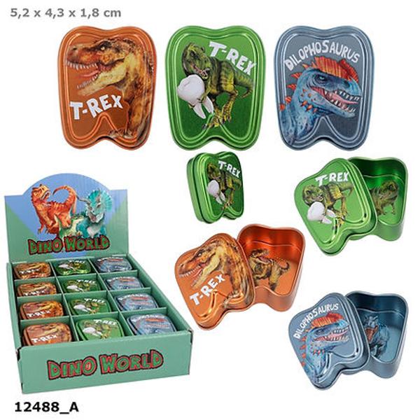Micile cutii de metal In forma de dinti de la Dino World stralucesc In culori grozave si au motive super cool de dinozauri imprimate pe capac si In interiorul cutiei Pentru depozitarea dintilor de lapte sau a altor lucruri mici Disponibil In portocaliu verde si albastruPret per bucata Nu se poate alege modelul
