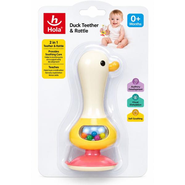 Jucarie Bebe Cu Ventuza Si Zornaitoare Ratusca este o jucarie interactiva 2 in 1 conceputa pentru stimularea simturilor si dezvoltarea timpurie a bebelusului Jucaria are un design vesel in forma de ratusca si este prevazuta cu o ventuza la baza care permite fixarea pe suprafete netede precum masa sau tavita scaunului de masa Compartimentul transparent contine bilute colorate care se misca si produc sunete atunci cand jucaria este agitata sau miscata stimuland atentia vizuala si auditiva 