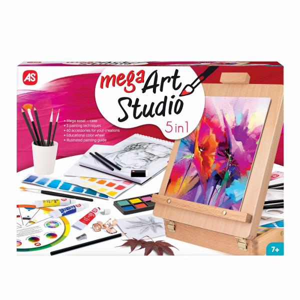 Mega Art Studio 5 in 1 este un set creativ complet ideal pentru copiii pasionati de desen si pictura oferind tot ce au nevoie pentru a-si dezvolta imaginatia si talentul artistic Setul include un seulet tip valiza usor de transport si depozitat 3 tehnici de pictura diferite si aproximativ 60 de accesorii pentru realizarea propriilor opere de arta In interior vei gasi pensule acuarele culorile creioane ghid ilustrat de pictura si roata educationala a culorilor elemente care ii ajuta pe 