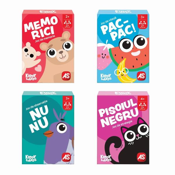 Kiddy Cards este un joc de carti educativ pentru copii conceput pentru a imbina distractia cu dezvoltarea abilitatilor cognitive Are propriul tip de mecanica de joc precum memorie viteza observatie sau strategie fiind adaptate varstei recomandate si potrivite pentru minimum 2 jucatori Regulile sunt simple si usor de inteles ceea ce permite invatarea rapida si implicarea activa a copiilor Jocul contribuie la dezvoltarea atentiei concentrarii gandirii logice si a interactiunii 