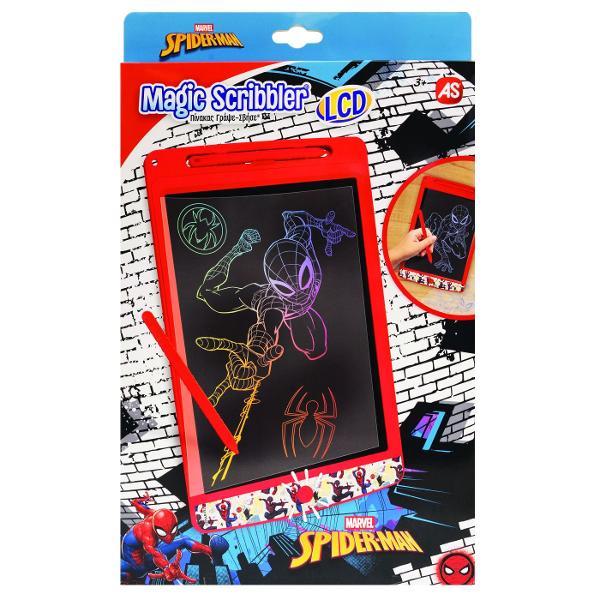 Tabla de desen LCD Marvel Spider-Man este ideala pentru copiii pasionati de desen scriere si aventurile indragitului supererou Ecranul LCD permite realizarea unor desene mesaje forme si modele colorate cu ajutorul stiloului inclus fara a fi necesare hartie creioane sau carioci Prin simpla apasare a butonului dedicat continutul ecranului este sters rapid iar tabla poate fi reutilizata imediat pentru o noua creatie Produsul include un stilou si 2 foi cu sabloane tematice care ii ajuta 