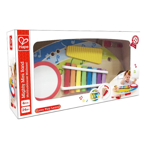 Copilul este pasionat de muzica Sau de zornaitoare si alte jucarii care fac zogomot Acest mini band este o solutie mult mai practica pentru a avea intr-un singur loc jucarii muzicale Copiii vor invata sa faca muzica vor invata diferentele de sunete intre diferitele instrumente muzicale si se va distra ore in sir Jucaria muzicala de la HAPE este perfecta pentru copiii pasionati de muzica Acestia se vor bucura de diversitatea instrumentelor muzicale incluse si a sunetelor Acestia isi vor 