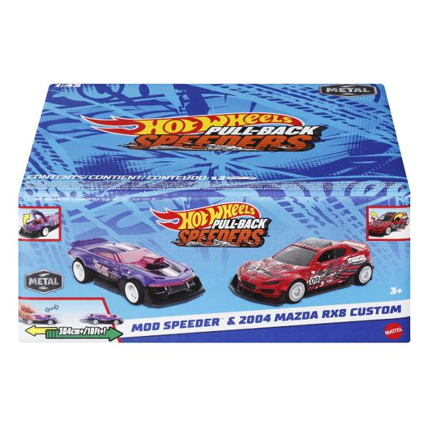 Pachetul de 2 masini cu cu sistem pull back de la Hot Wheels Speeders promit curse interesante Masinile pot fi trase inapoi si eliberate pe podele si covoare pentru o cursa interesanta Toate masinile la scara 143 ofera o caracteristica interactiva grozava de ex Rolomatice pentru usi clapete de portbagaj si capote care pot fi deschiseDecoratiunile detaliate fac ca inimile copiilor si colectionarilor sa bata mai repede Vehiculele Hot Wheels Speeders sunt un cadou grozav pentru copiii de la 