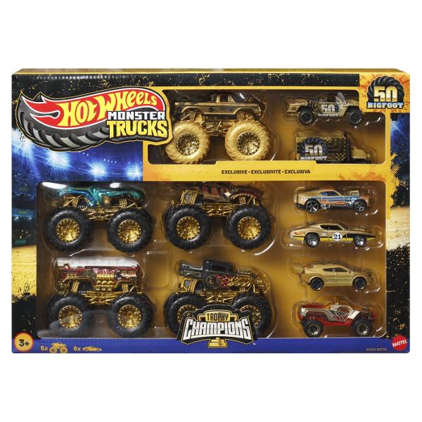 Intra in arena campionilor cu setul Hot Wheels Monster Trucks Trophy Champions Acest pachet spectaculos contine 11 vehicule exclusive printre care 5 monster truck impunatori si 6 masini Hot Wheels cu design metalic premium Detaliile aurii si rotile masive transforma fiecare camion intr-o adevarata piesa de colectie perfecta pentru curse epice si cascadorii uimitoare Inspirat de legendarul Bigfoot acest set aduce impreuna puterea stilul si performanta intr-o editie de colectie 