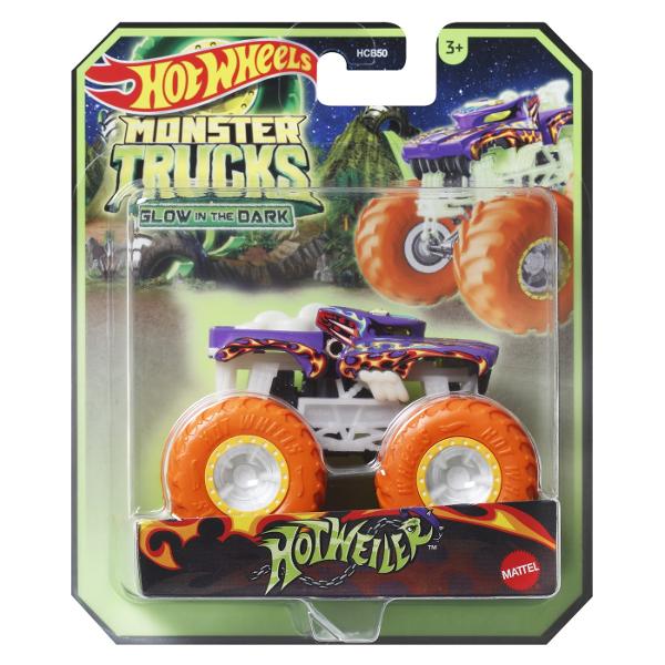 Actiunea devine si mai palpitanta atunci cand luminile se sting iar masinile Hot Wheels Monster Truck se aprind Vehiculele Monster Truck sunt puternice au roti uriase si au un aspect agresiv Cel mai mare circuit din lume pentru vehiculele Monster Truck este pregatit sa gazduiasca o cursa grandioasa cu noile masinute Acest pachet contine modelul HotWeiler