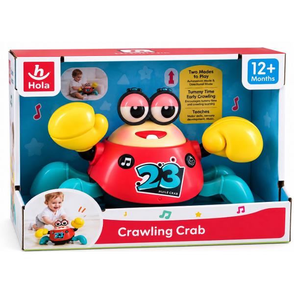 Jucaria interactiva in forma de crab este conceputa pentru a transforma joaca bebelusului intr-o activitate distractiva si plina de miscare Crab-ul atrage atentia copilului prin muzica sunete si efecte luminoase incurajandu-l sa il urmareasca si sa se deplaseze dupa el Este potrivit pentru joaca pe burtica si pentru perioada in care copilul incepe sa se tarasca sau sa mearga de-a busilea contribuind la dezvoltarea coordonarii a motricitatii si a perceptiei vizuale si auditive Designul 